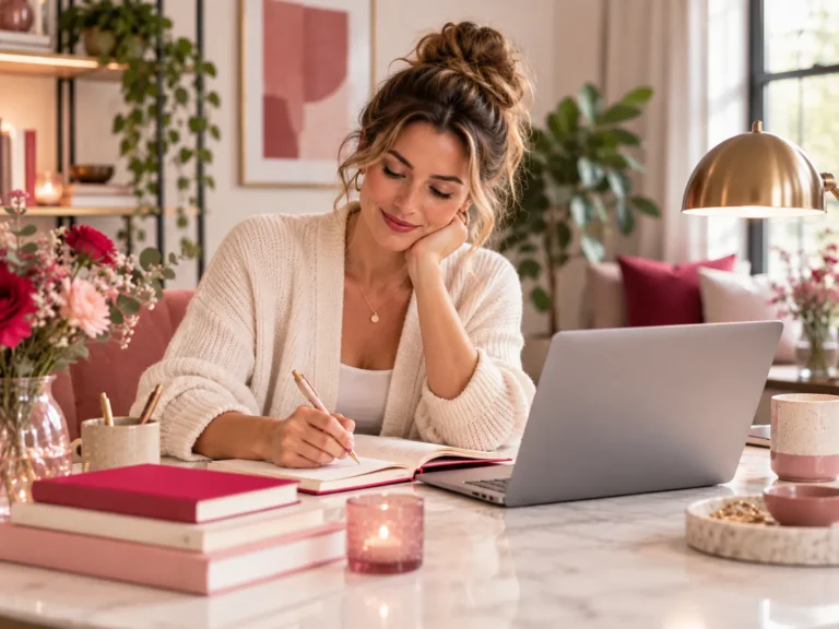 Vrouw schrijft in een notitieboek naast haar laptop tijdens een rustig moment van persoonlijke ontwikkeling.