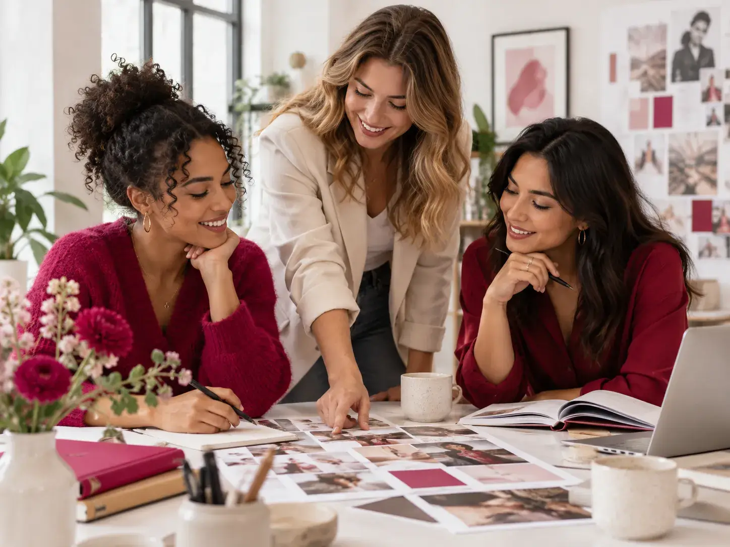 Drie vrouwen werken samen aan nieuwe ideeën in een lichte en moderne creatieve omgeving. Over ons
