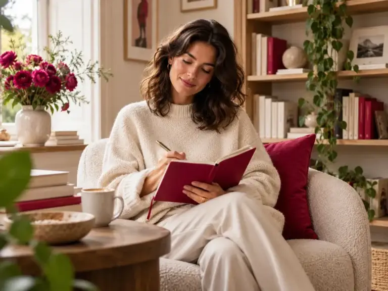 Vrouw schrijft in een notitieboek in een rustige leeshoek met boeken, planten en warme accenten.