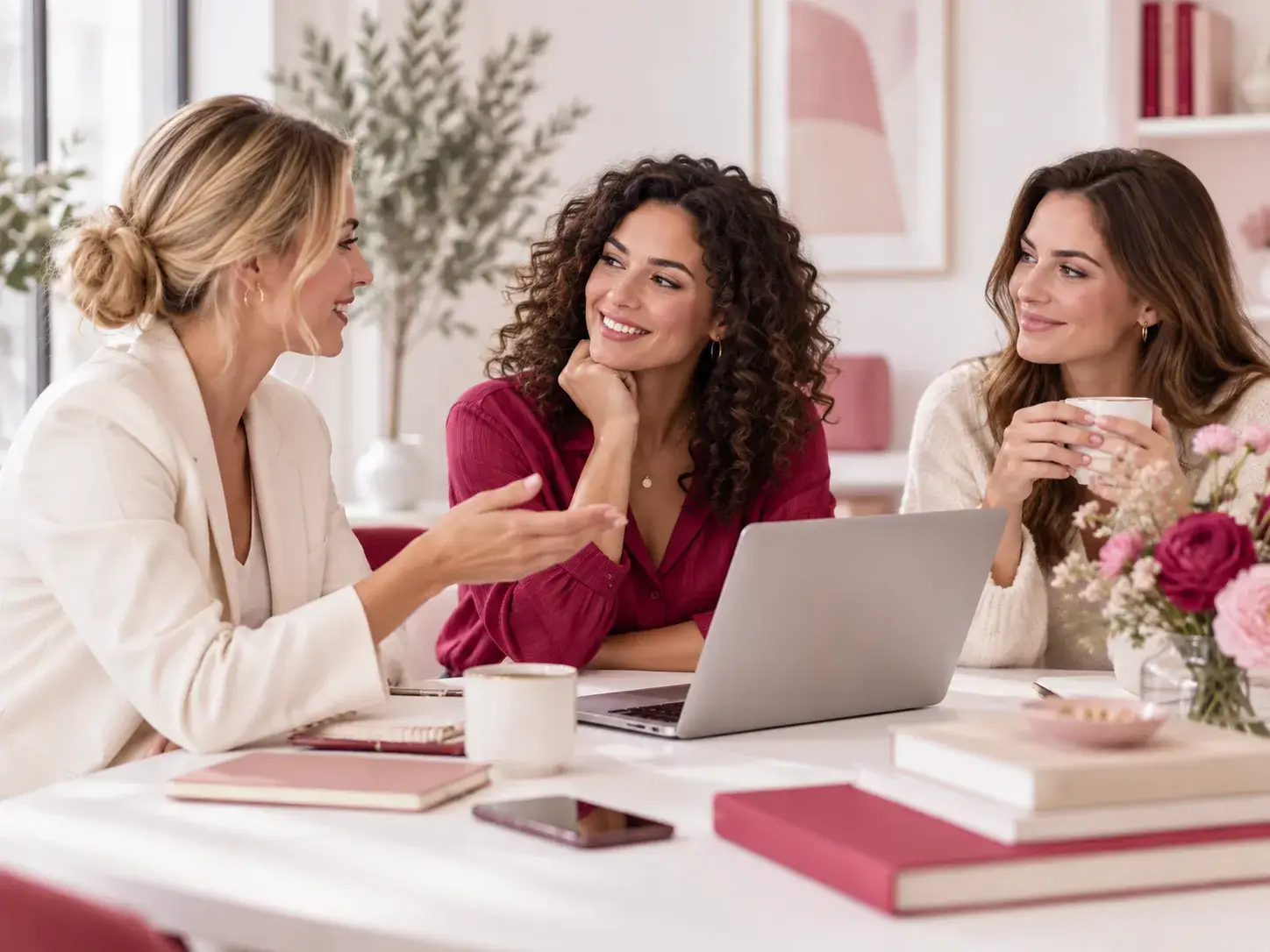Drie vrouwen overleggen samen over een samenwerking voor Vrouwen Wiki.