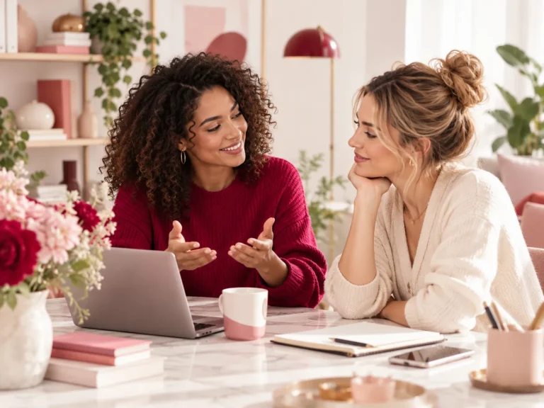 Twee vrouwen bespreken vragen en delen kennis aan tafel voor Vrouwen Wiki.