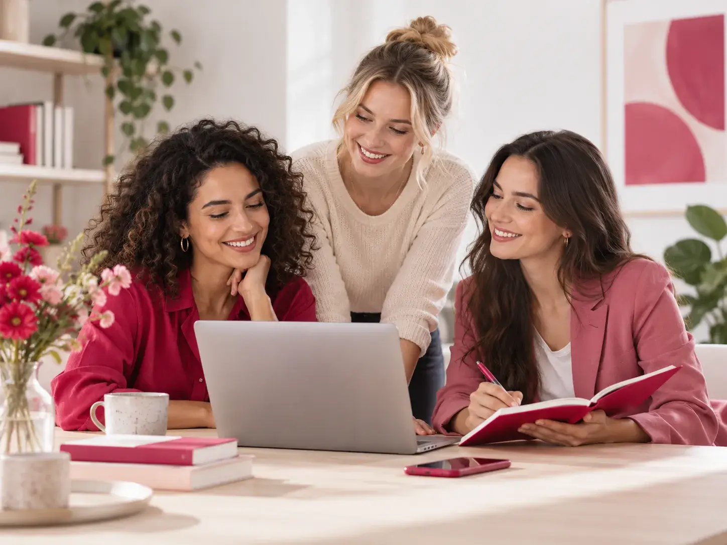 Drie vrouwen bekijken samen een laptop en bespreken mogelijkheden om bij te dragen aan Vrouwen Wiki.